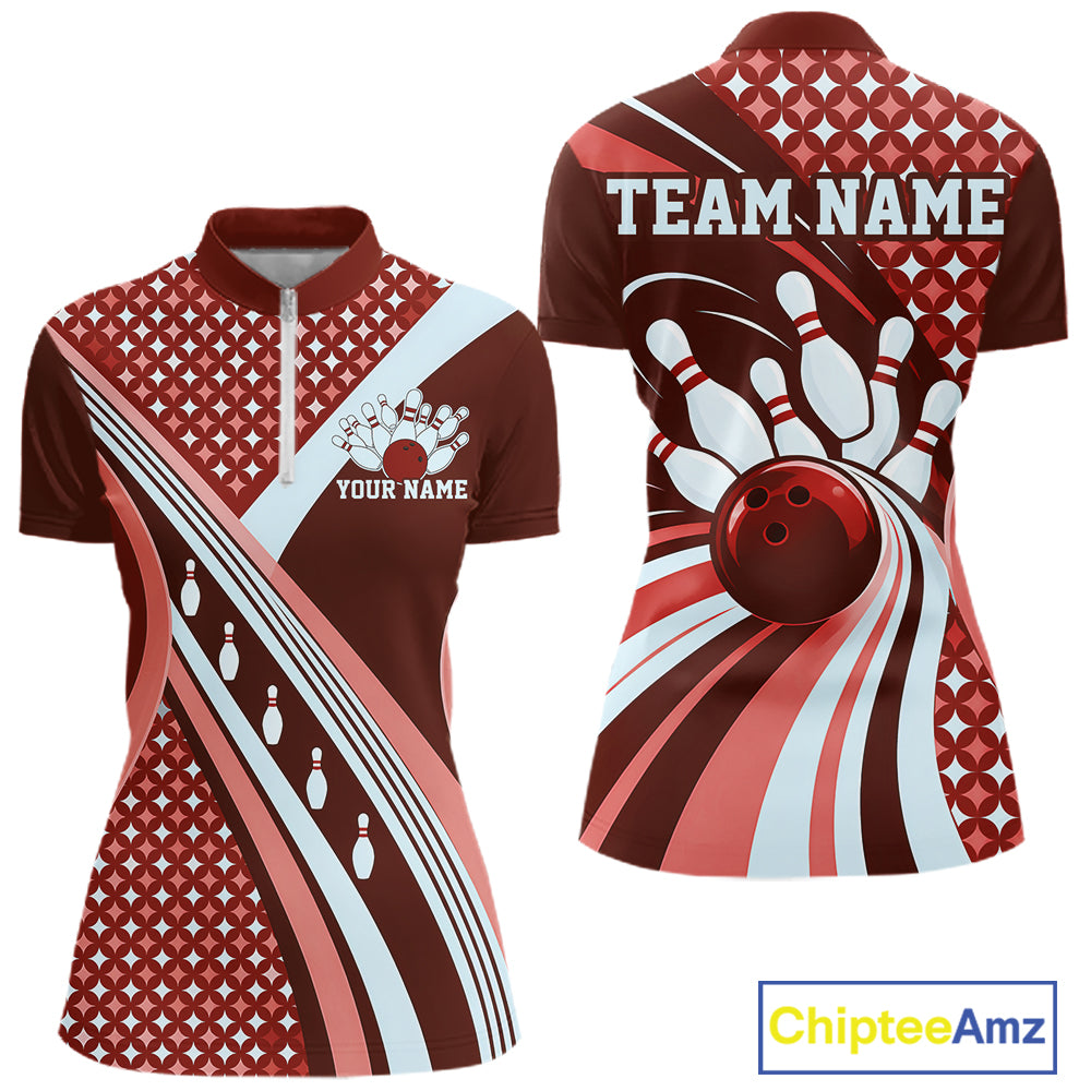 Custom Burgundy Red Classic Retro Bowling Team Shirt, Bowling Quarter-Zip Shirt
