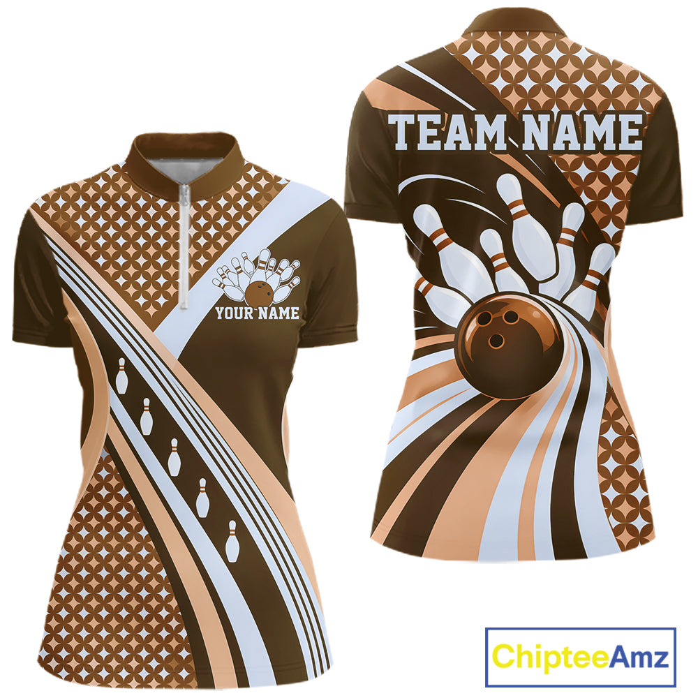 Custom Brown Classic Retro Matching Bowling Team Shirt, Bowling Quarter-Zip Shirt