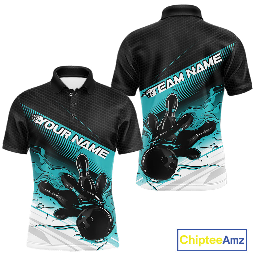 Custom Black And Turquoise Blue Flame Bowling Team Polo Shirt, Flame Bowling Jersey