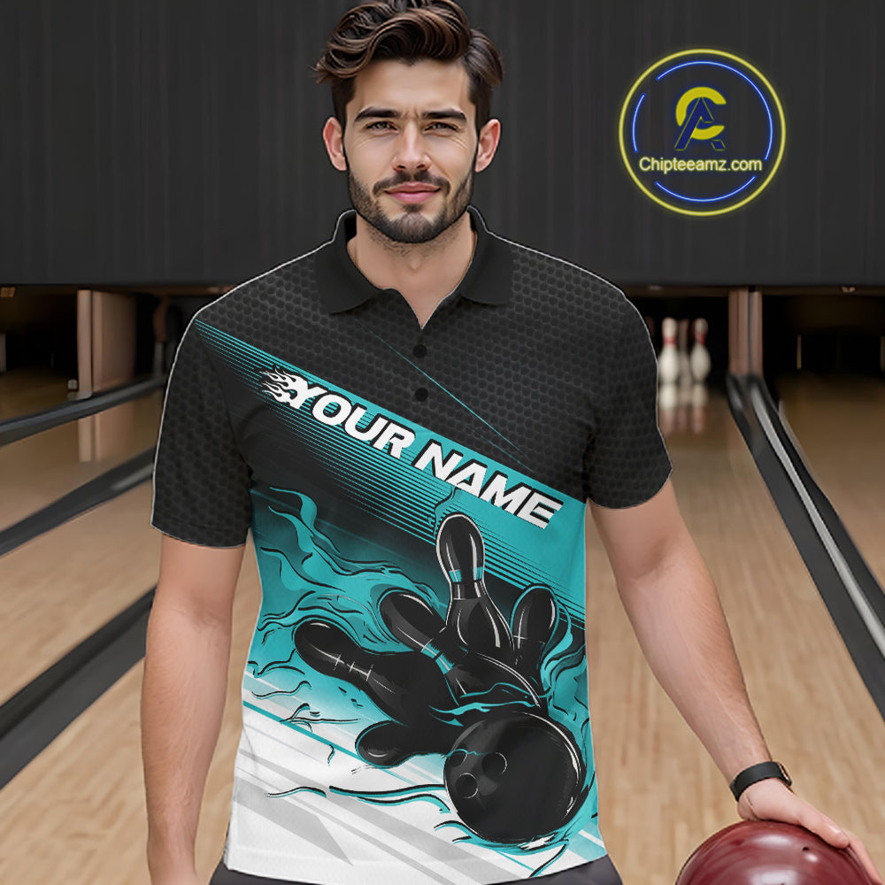 Custom Black And Turquoise Blue Flame Bowling Team Polo Shirt, Flame Bowling Jersey