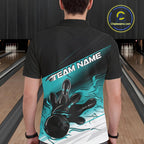Custom Black And Turquoise Blue Flame Bowling Team Polo Shirt, Flame Bowling Jersey