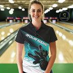 Custom Black And Turquoise Blue Flame Bowling Team Polo Shirt, Flame Bowling Jersey
