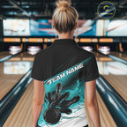 Custom Black And Turquoise Blue Flame Bowling Team Polo Shirt, Flame Bowling Jersey