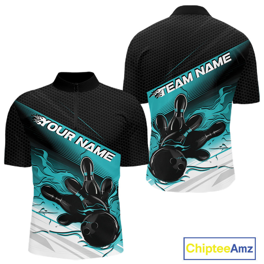 Custom Black And Turquoise Blue Flame Bowling Team Quarter Zip Shirt, Flame Bowling Jersey