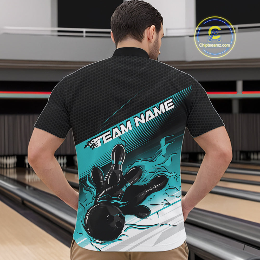Custom Black And Turquoise Blue Flame Bowling Team Quarter Zip Shirt, Flame Bowling Jersey
