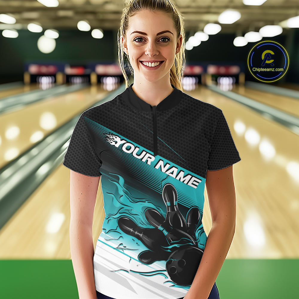 Custom Turquoise Blue Flame Bowling Team Quarter-Zip Shirt, Flame Bowling Jersey