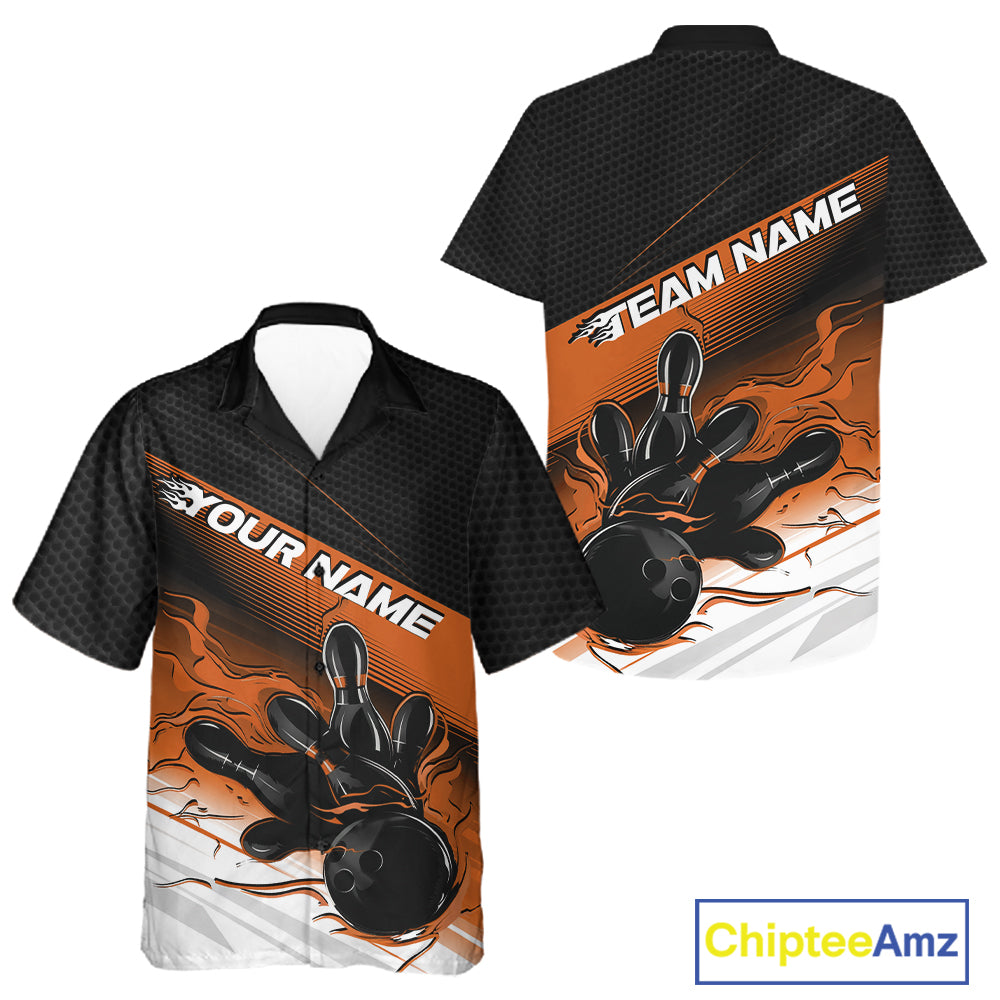 Custom Black And Orange Flame Bowling Team And Button Up Shirt, Flame Bowling Jersey