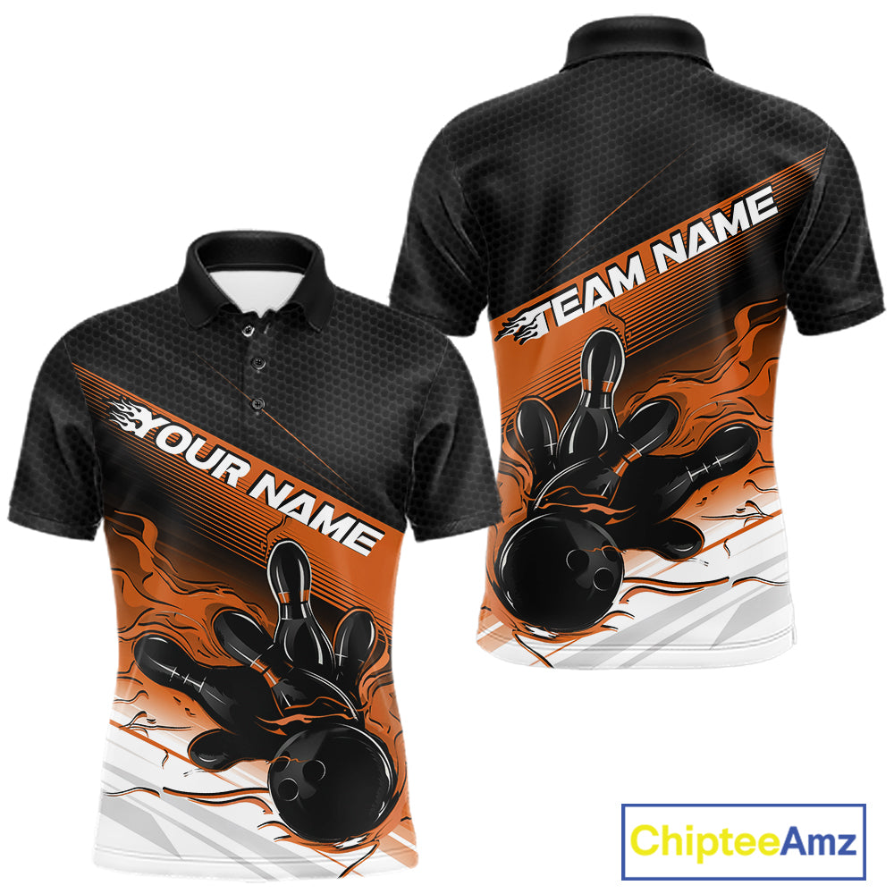 Custom Black And Orange Flame Bowling Team Polo Shirt, Flame Bowling Jersey