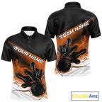 Custom Black And Orange Flame Bowling Team Polo Shirt, Flame Bowling Jersey