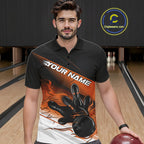 Custom Black And Orange Flame Bowling Team Polo Shirt, Flame Bowling Jersey