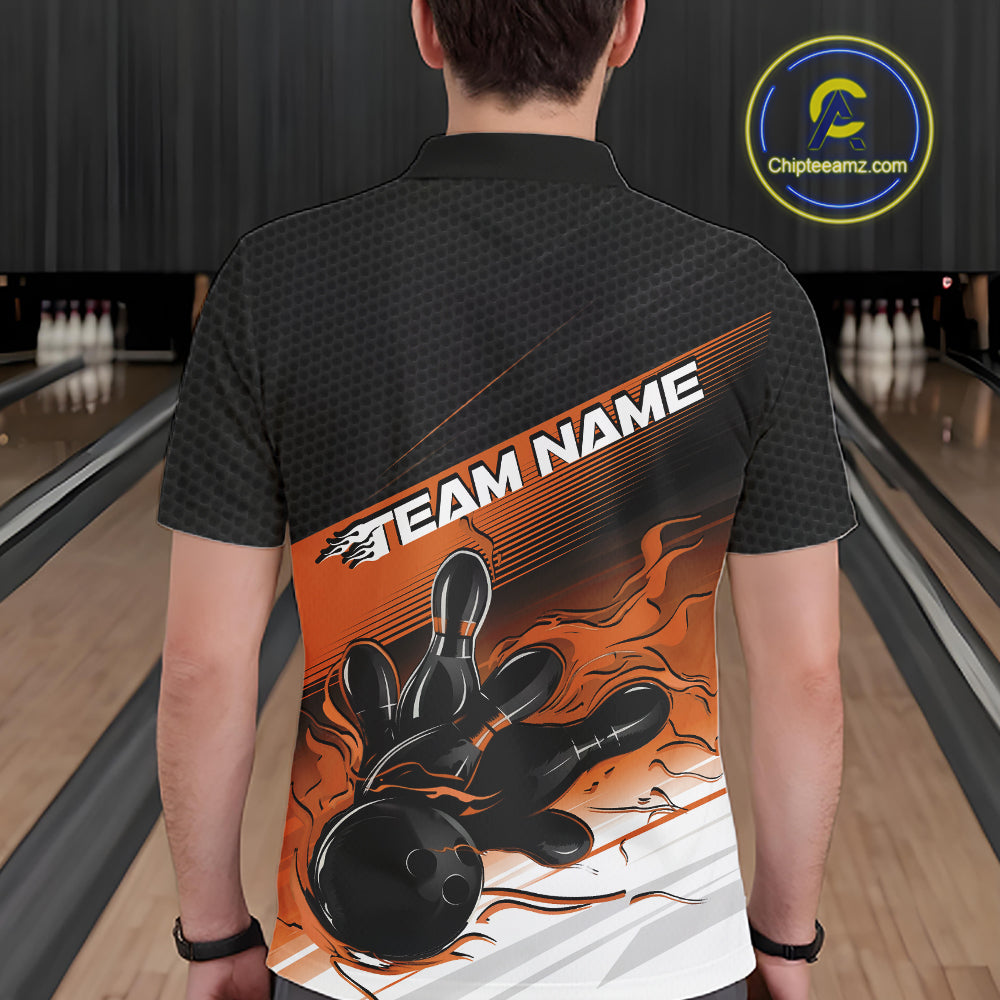 Custom Black And Orange Flame Bowling Team Polo Shirt, Flame Bowling Jersey