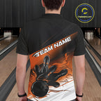 Custom Black And Orange Flame Bowling Team Polo Shirt, Flame Bowling Jersey