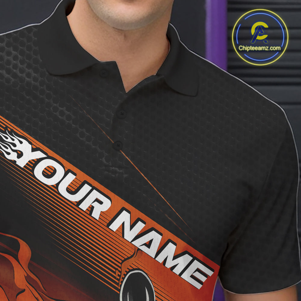 Custom Black And Orange Flame Bowling Team Polo Shirt, Flame Bowling Jersey