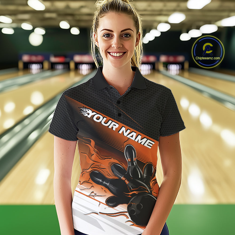 Custom Black And Orange Flame Bowling Team Polo Shirt, Flame Bowling Jersey