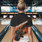 Custom Black And Orange Flame Bowling Team Polo Shirt, Flame Bowling Jersey