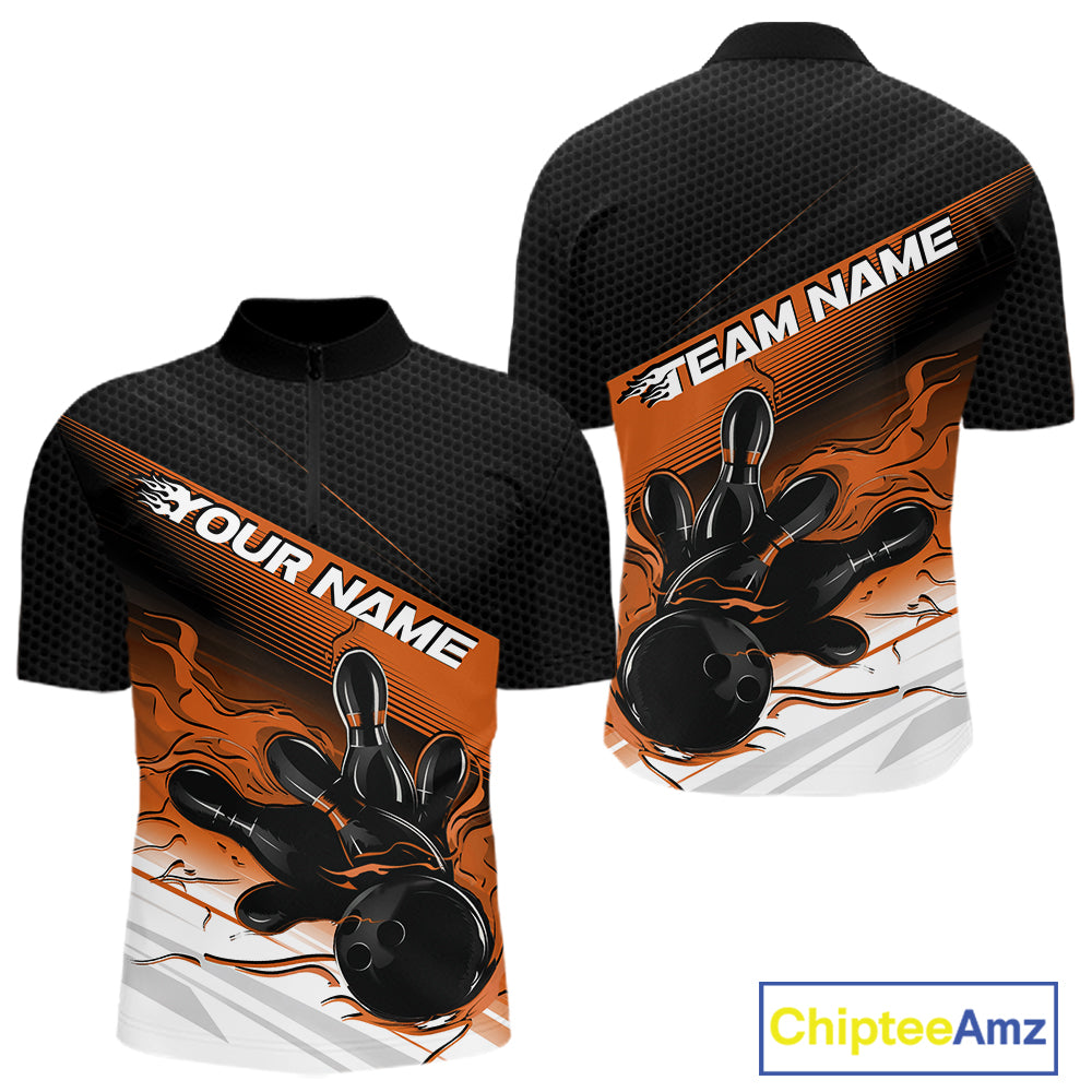 Custom Black And Orange Flame Bowling Team Quarter Zip Shirt, Flame Bowling Jersey
