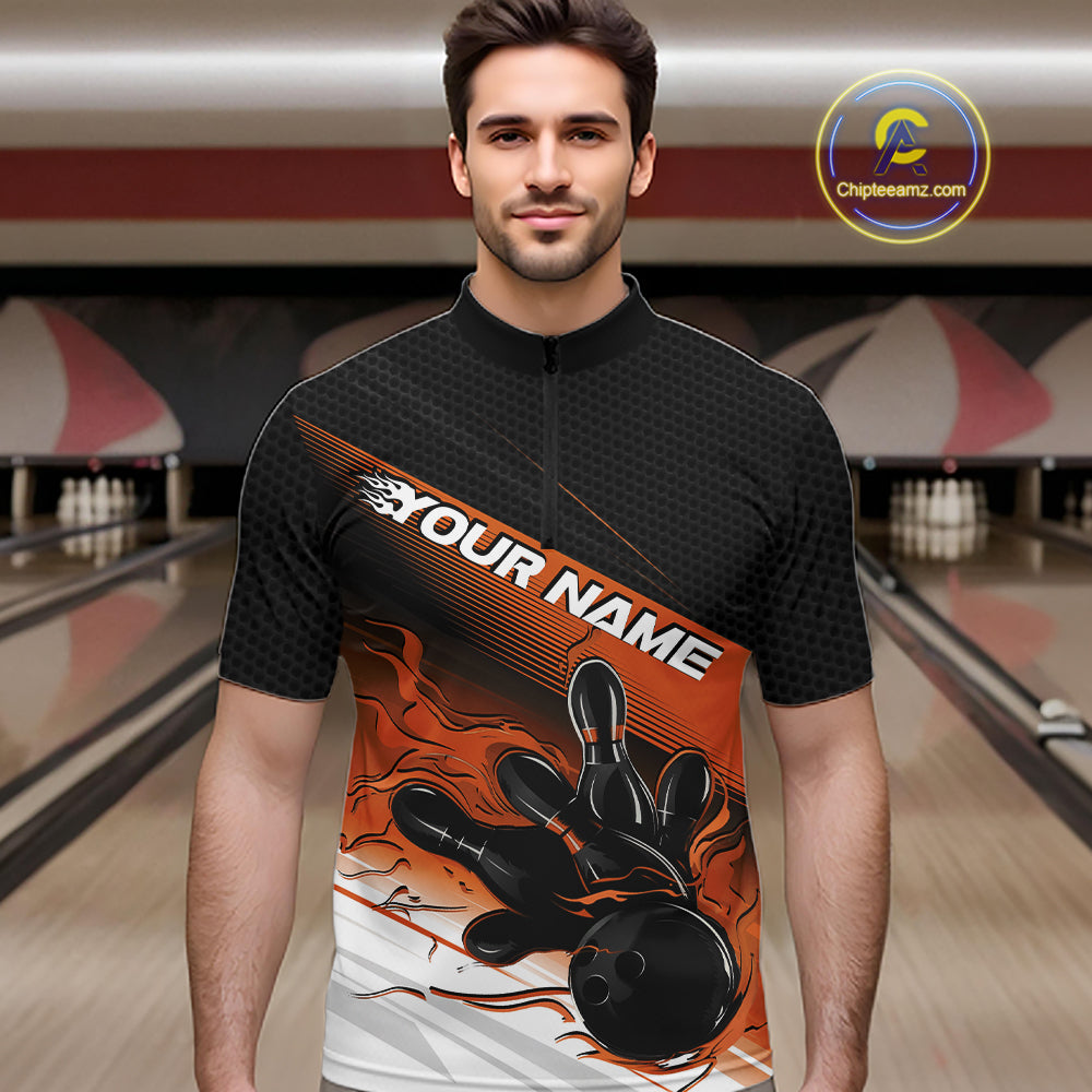Custom Black And Orange Flame Bowling Team Quarter Zip Shirt, Flame Bowling Jersey