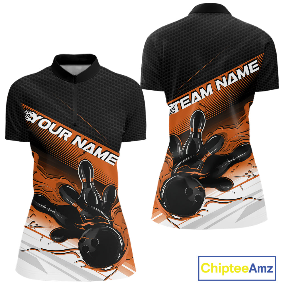 Custom Black And Orange Flame Bowling Team Quarter-Zip Shirt, Flame Bowling Jersey