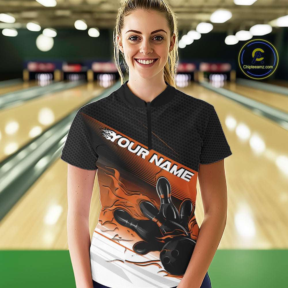 Custom Black And Orange Flame Bowling Team Quarter-Zip Shirt, Flame Bowling Jersey