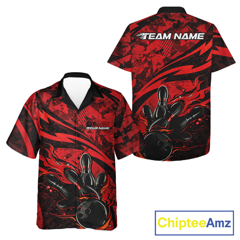 Custom Red Camo Flame Bowling And Hawaiian Shirts, Camouflage Bowling Team Jerseys