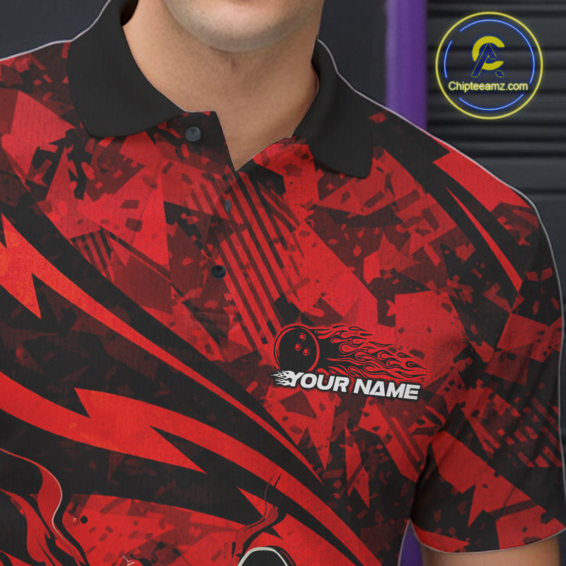 Custom Red Camo Flame Bowling Polo Shirts, Camouflage Bowling Team Jerseys