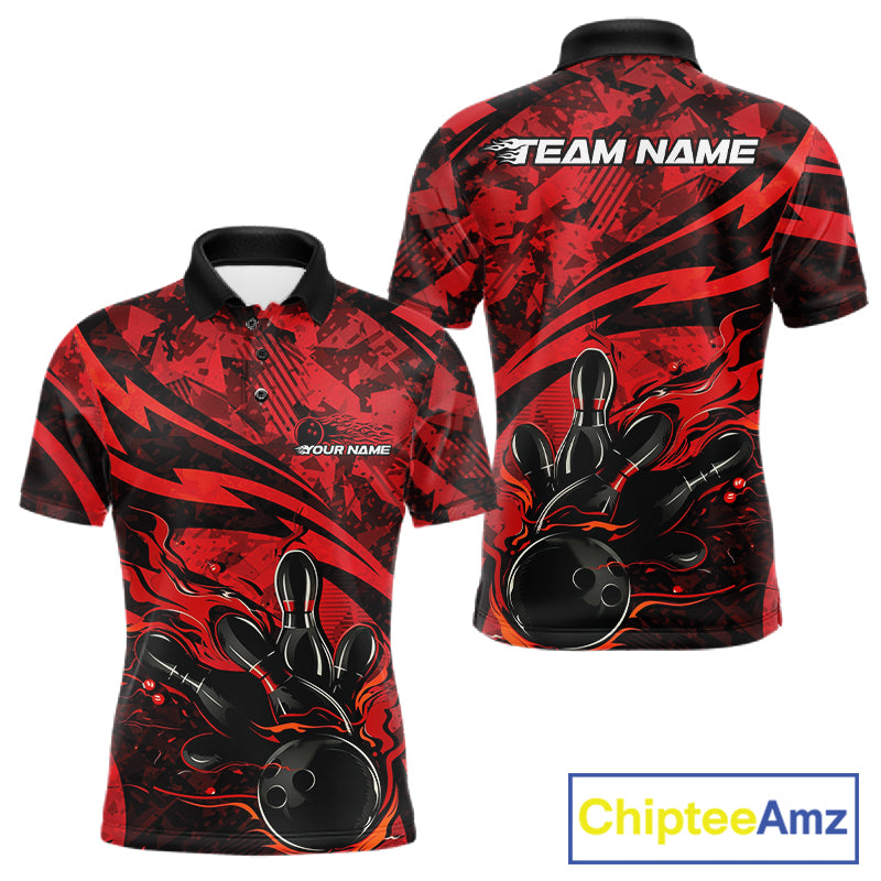 Custom Red Camo Flame Bowling Polo Shirts, Camouflage Bowling Team Jerseys