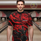 Custom Red Camo Flame Bowling Quarter-Zip Shirts, Camouflage Bowling Team Jerseys