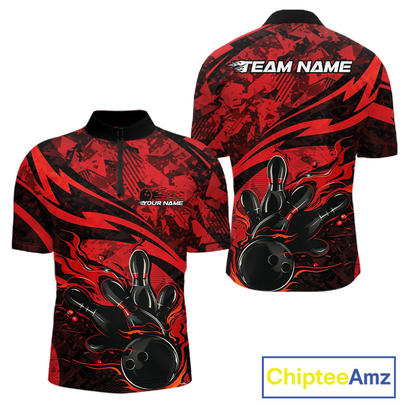 Custom Red Camo Flame Bowling Quarter-Zip Shirts, Camouflage Bowling Team Jerseys