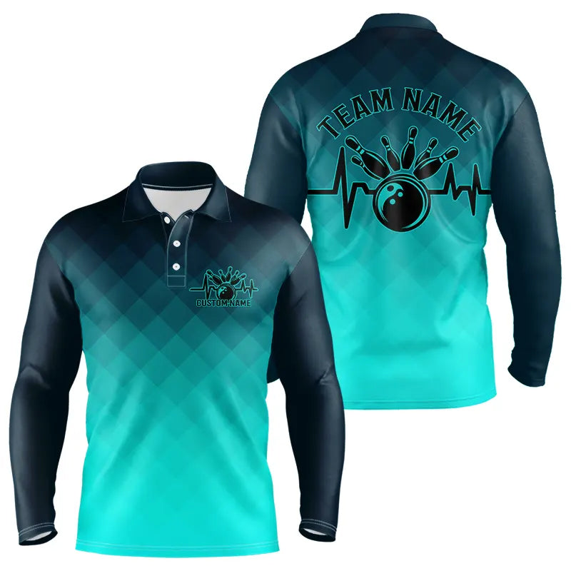 Bowling Heartbeat Pulse Line Blue Argyle Custom Bowling Team Long Sleeve Polo Shirts
