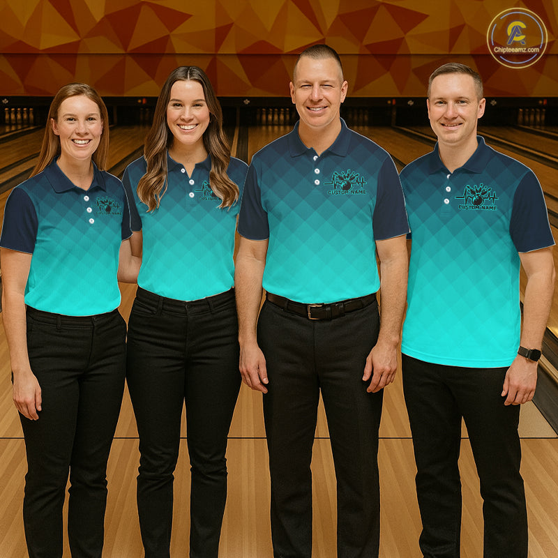Bowling Heartbeat Pulse Line Blue Argyle Custom Bowling Team Shirts
