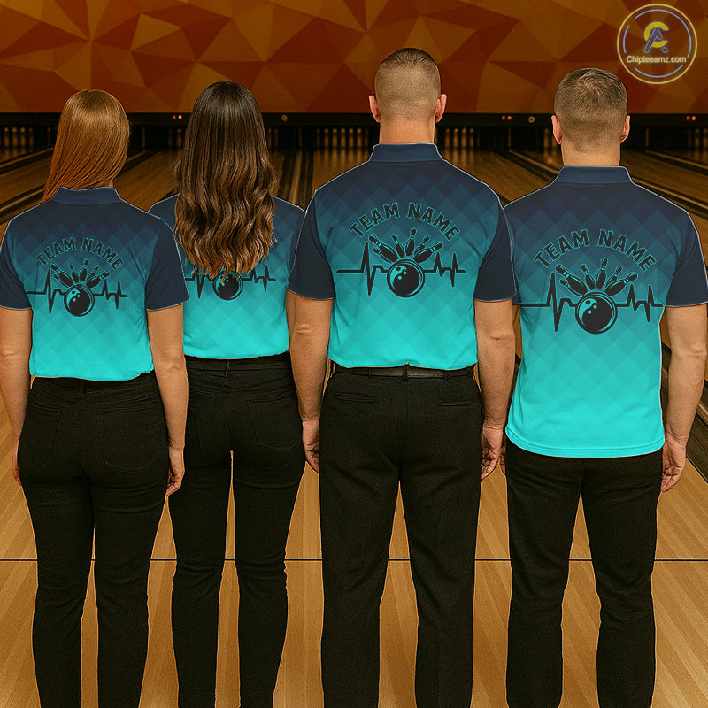 Bowling Heartbeat Pulse Line Blue Argyle Custom Bowling Team Shirts