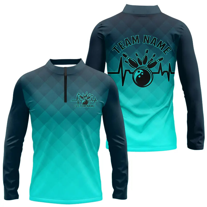 Bowling Heartbeat Pulse Line Blue Argyle Custom Bowling Team Long Sleeve Quarter-Zip Shirts