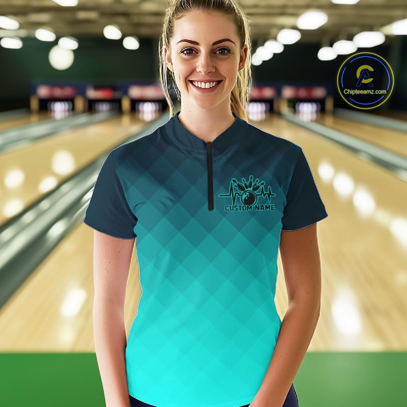 Bowling Heartbeat Pulse Line Blue Argyle Custom Bowling Team Shirts