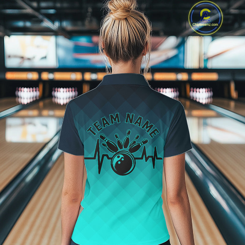 Bowling Heartbeat Pulse Line Blue Argyle Custom Bowling Team Shirts
