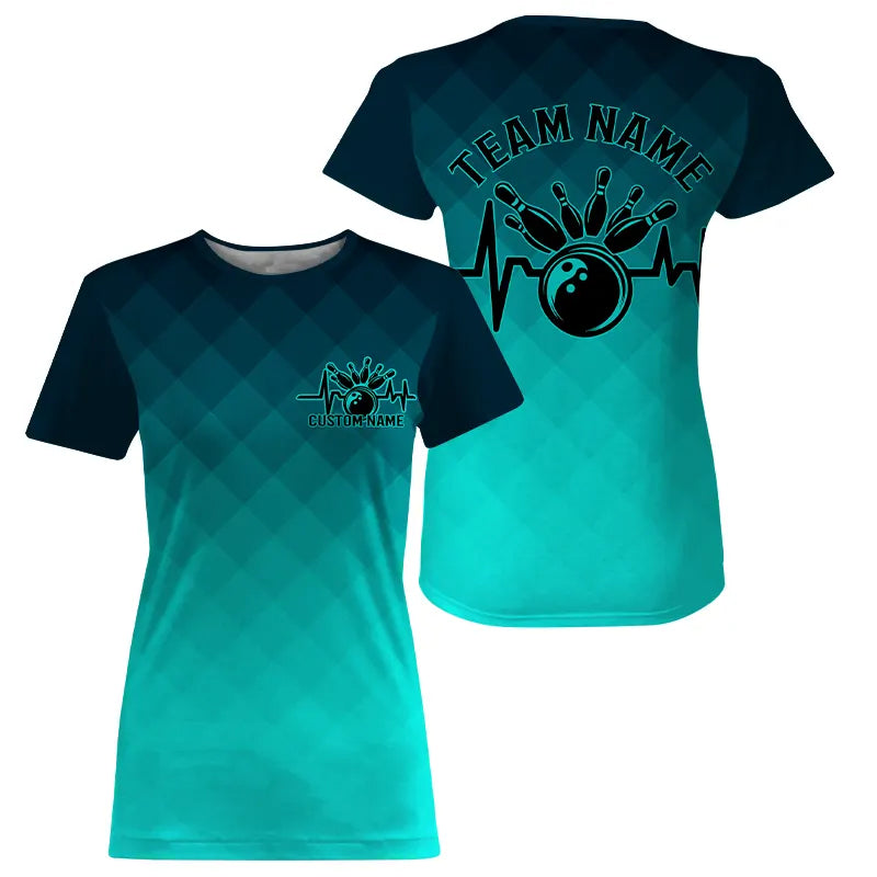Bowling Heartbeat Pulse Line Blue Argyle Custom Bowling Team T-Shirts