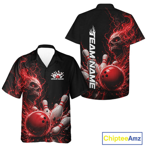 Custom Name Red Flame Skull Bowling And Hawaiian Shirts, Halloween Team Bowling Outfit