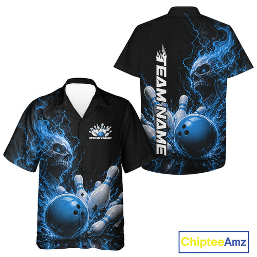 Custom Name Blue Flame Skull Bowling And Hawaiian Shirts, Halloween Team Bowling Outfit