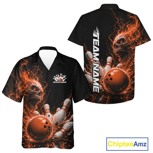 Custom Name Orange Flame Skull Bowling And Hawaiian Shirts, Halloween Team Bowling Outfit