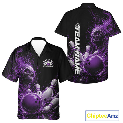 Custom Name Purple Flame Skull Bowling And Hawaiian Shirts, Halloween Team Bowling Outfit