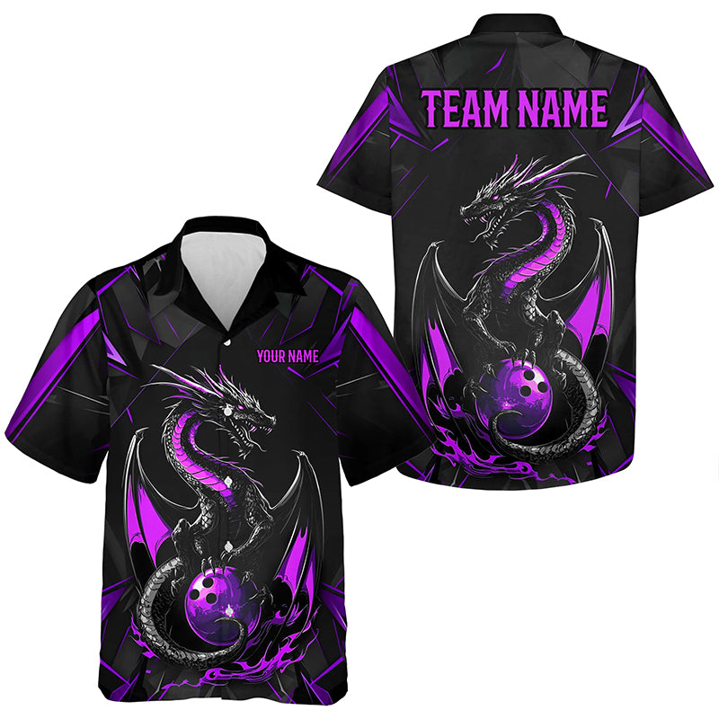 Custom Black And Purple Dragon Bowling Hawaiian Shirts And, Dragon Bowling Team Uniform