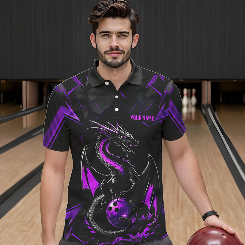 Custom Black And Purple Dragon Bowling Shirts, Dragon Bowling Team Shirts Uniform