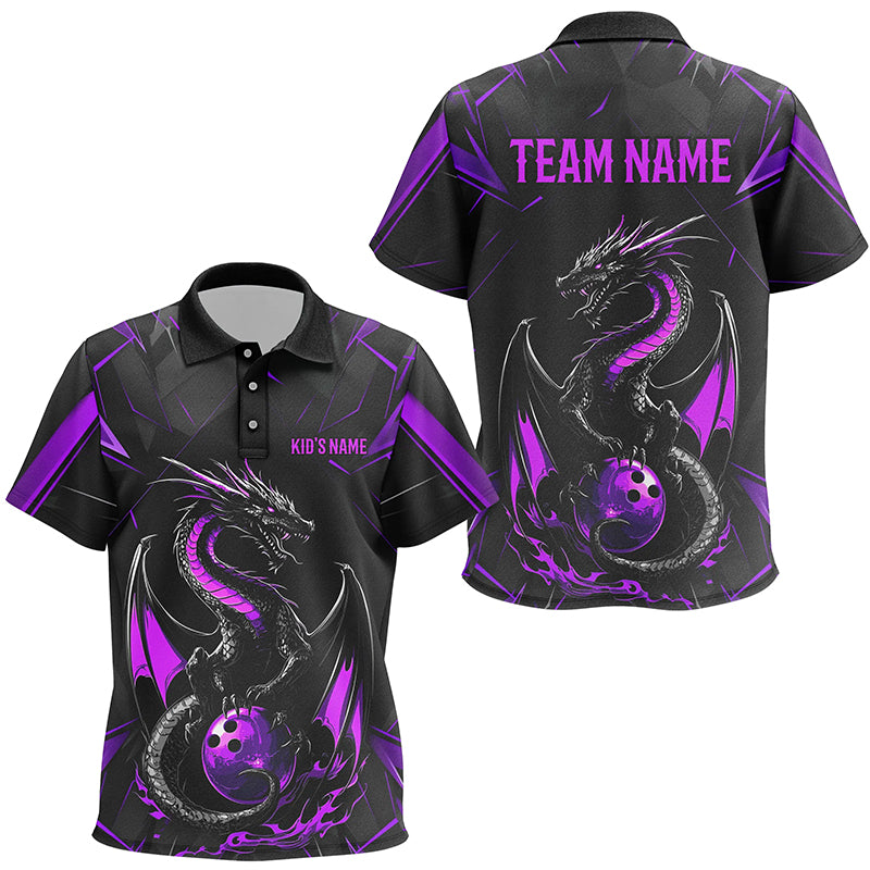 Custom Black And Purple Dragon Bowling Polo Shirts, Dragon Bowling Team Shirts Uniform