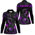Custom Black And Purple Dragon Bowling Long Sleeve Polo Shirts, Dragon Bowling Uniform