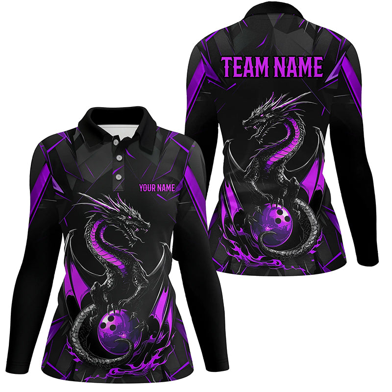 Custom Black And Purple Dragon Bowling Long Sleeve Polo Shirts, Dragon Bowling Uniform