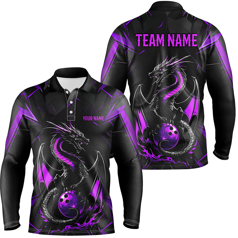 Custom Black And Purple Dragon Bowling Long Sleeve Polo Shirts, Dragon Bowling Team Uniform