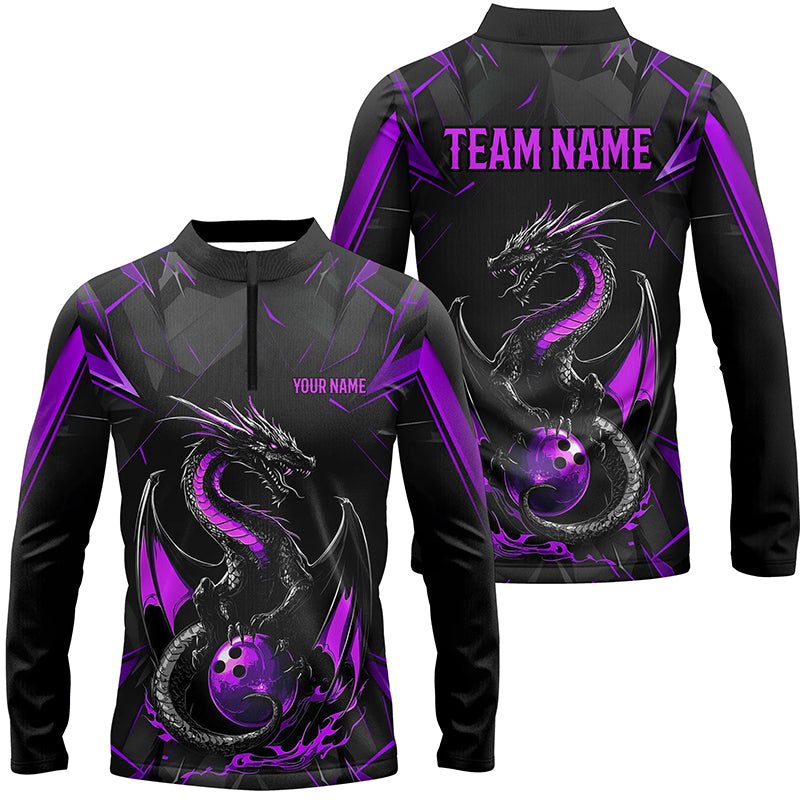 Custom Black And Purple Dragon Bowling Long Sleeve Quarter-Zip Shirt, Dragon Bowling Uniform