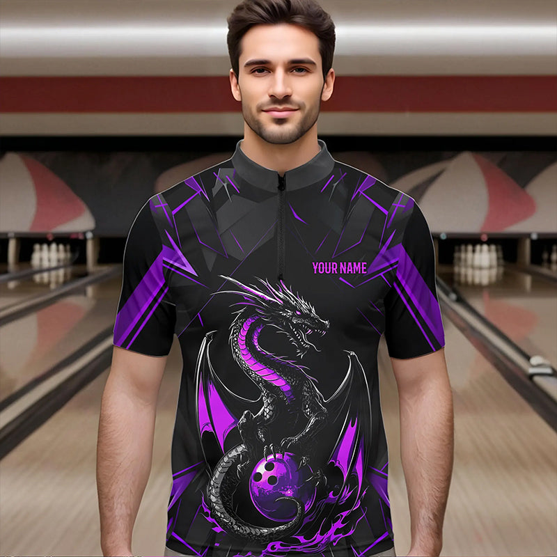 Custom Black And Purple Dragon Bowling Shirts, Dragon Bowling Team Shirts Uniform