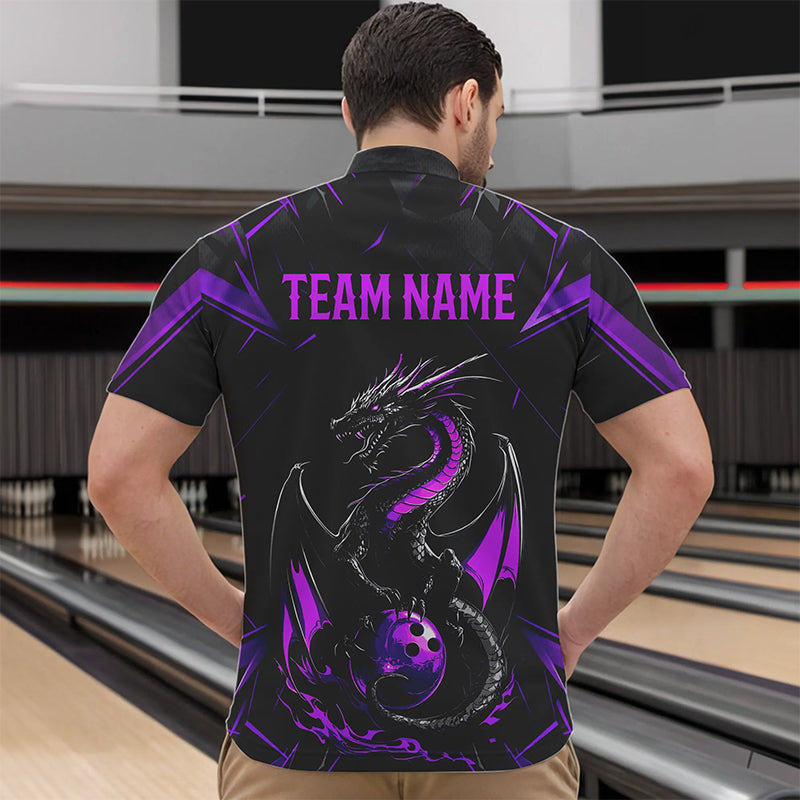 Custom Black And Purple Dragon Bowling Shirts, Dragon Bowling Team Shirts Uniform