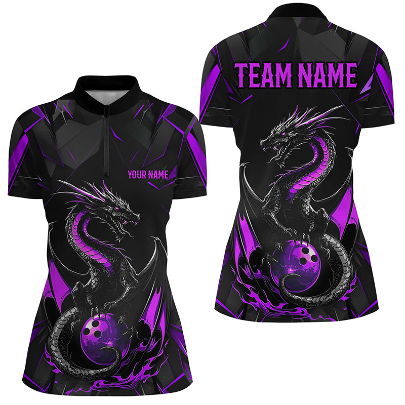 Custom Black And Purple Dragon Bowling Shirts, Dragon Bowling Team Shirts Uniform