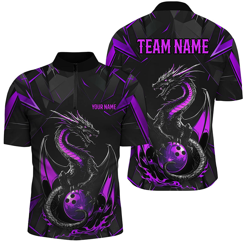Custom Black And Purple Dragon Bowling Shirts, Dragon Bowling Team Shirts Uniform